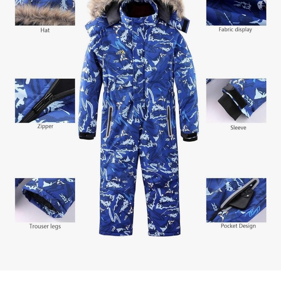 AFILOK kids winter overalls ski suit Blue and White Snowsuit Youth - Picture 3 of 15